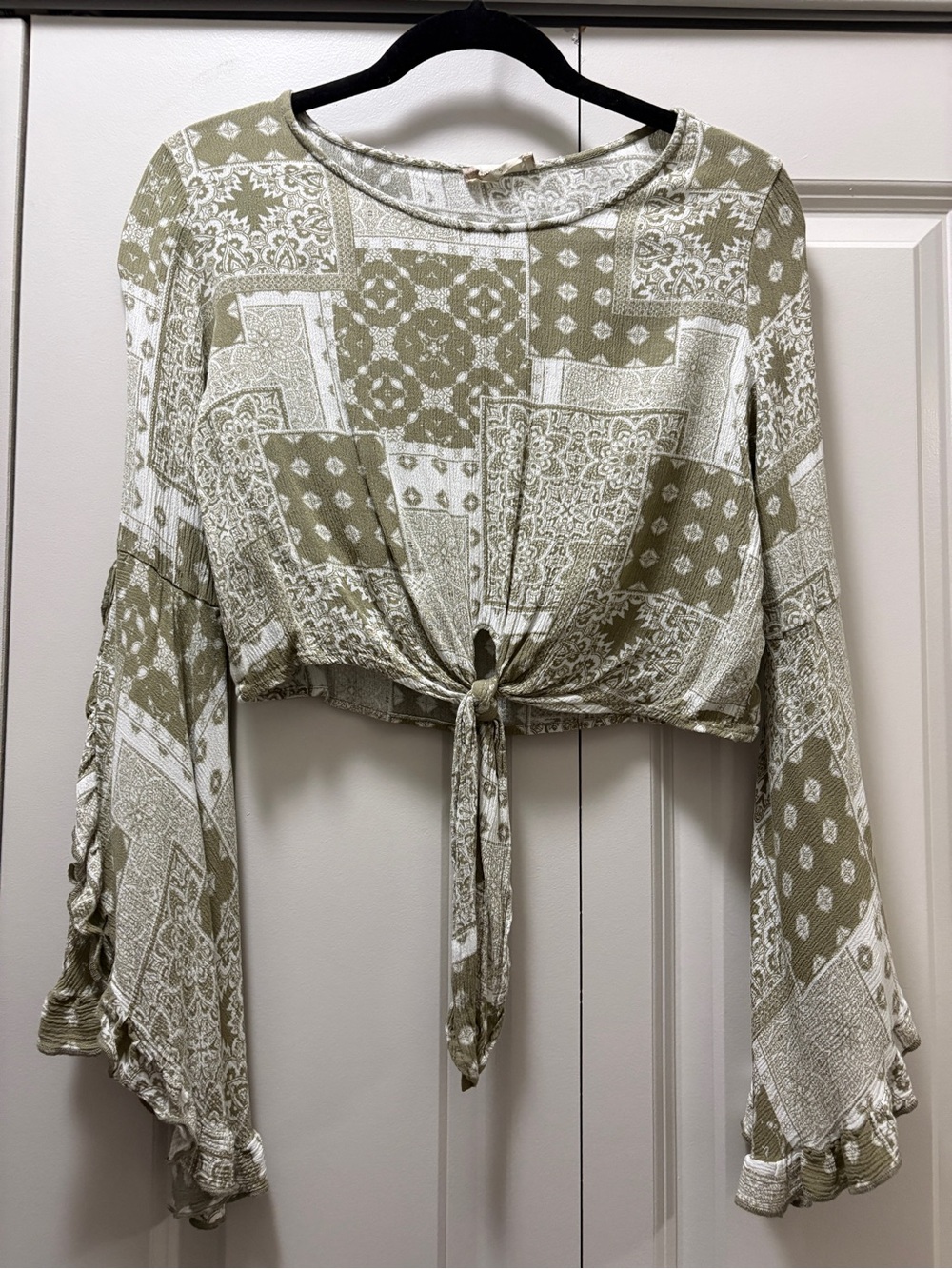 Altar'd State Olive & White Patchwork Tie-Front Crop Top